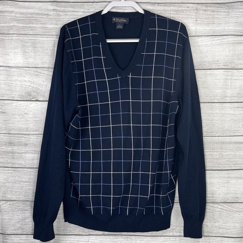 Brooks Brothers Mens Sweater L Navy Blue Silk Cotton Blend Pullover V Neck